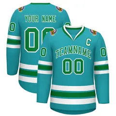 Classic Style Hockey Jersey in Aqua Kelly Green-White 1