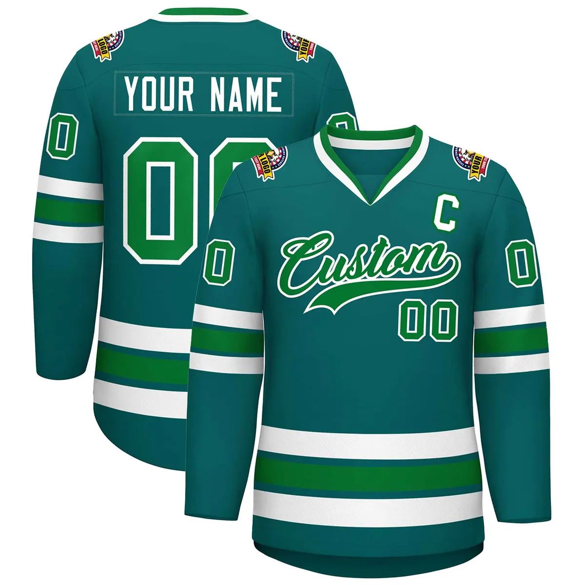 Classic Style Hockey Jersey in Aqua Kelly Green-White