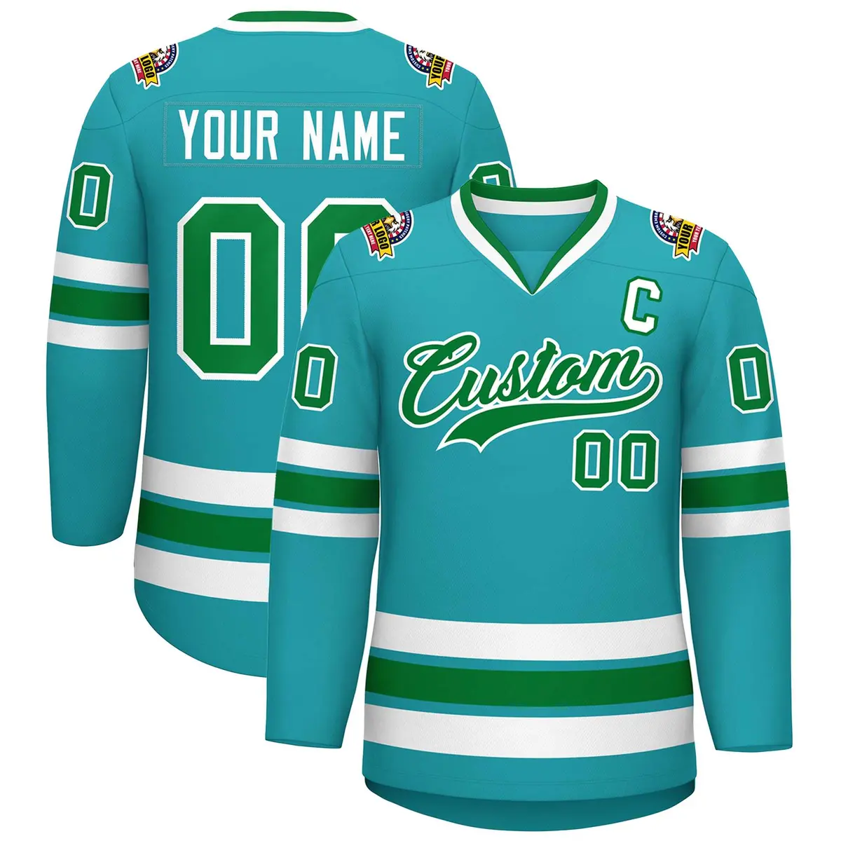 Classic Style Hockey Jersey in Aqua Kelly Green-White