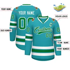 Classic Style Hockey Jersey in Aqua Kelly Green-White 2
