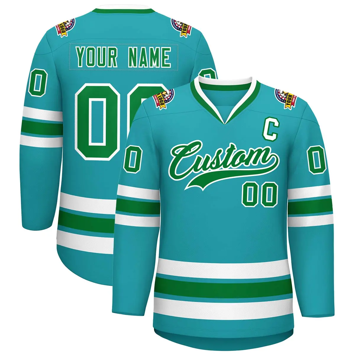 Classic Style Hockey Jersey in Aqua Kelly Green-White