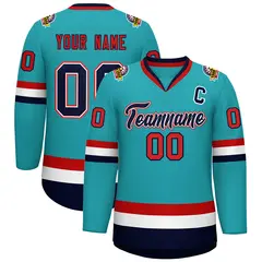 Classic Style Hockey Jersey in Aqua Navy White-Red 1