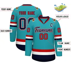 Classic Style Hockey Jersey in Aqua Navy White-Red 2