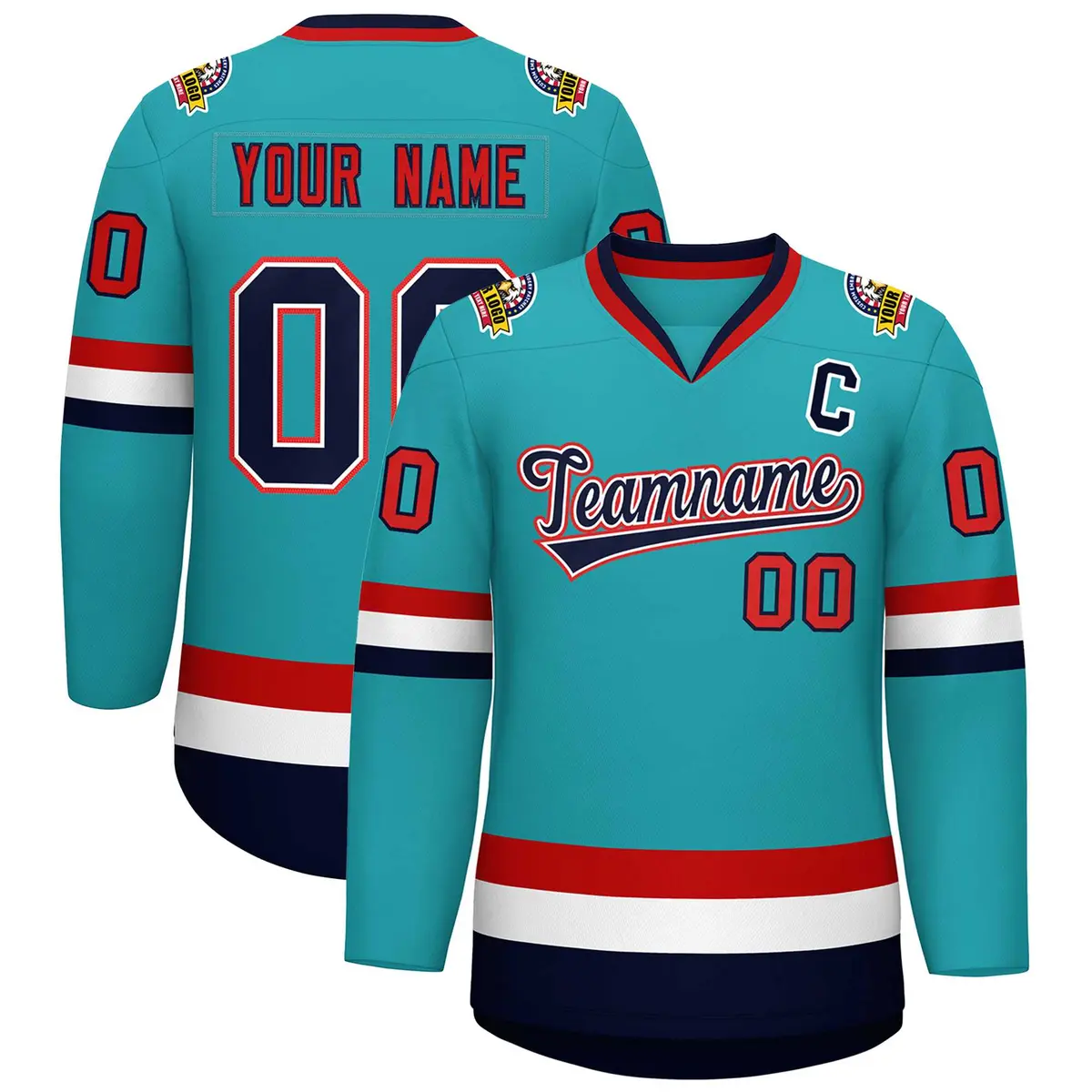 Classic Style Hockey Jersey in Aqua Navy White-Red