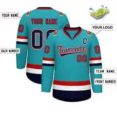 Classic Style Hockey Jersey in Aqua Navy White-Red 2