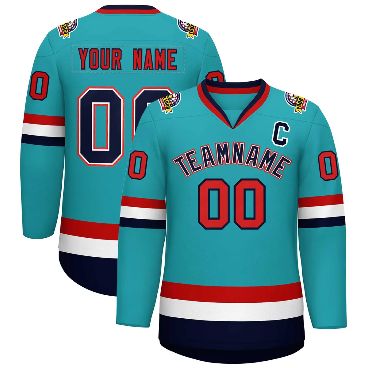 Classic Style Hockey Jersey in Aqua Navy White-Red