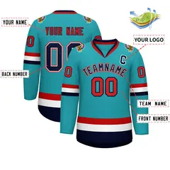 Classic Style Hockey Jersey in Aqua Navy White-Red 2