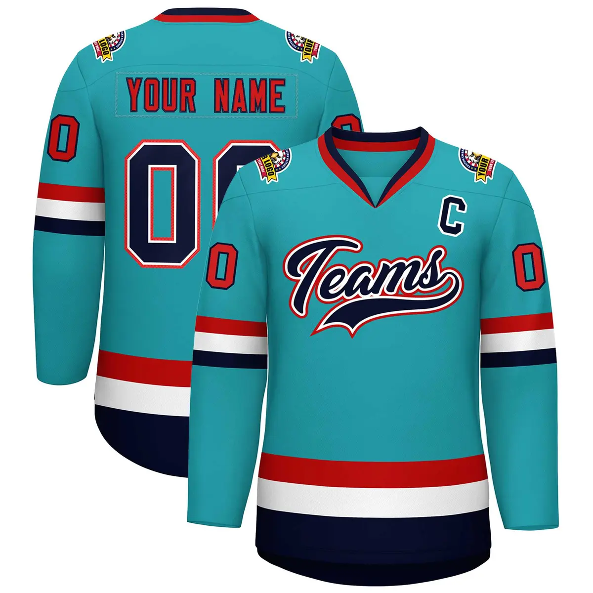 Classic Style Hockey Jersey in Aqua Navy White-Red