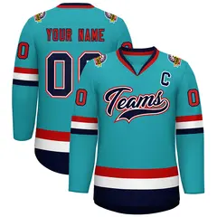 Classic Style Hockey Jersey in Aqua Navy White-Red 1