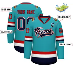 Classic Style Hockey Jersey in Aqua Navy White-Red 2