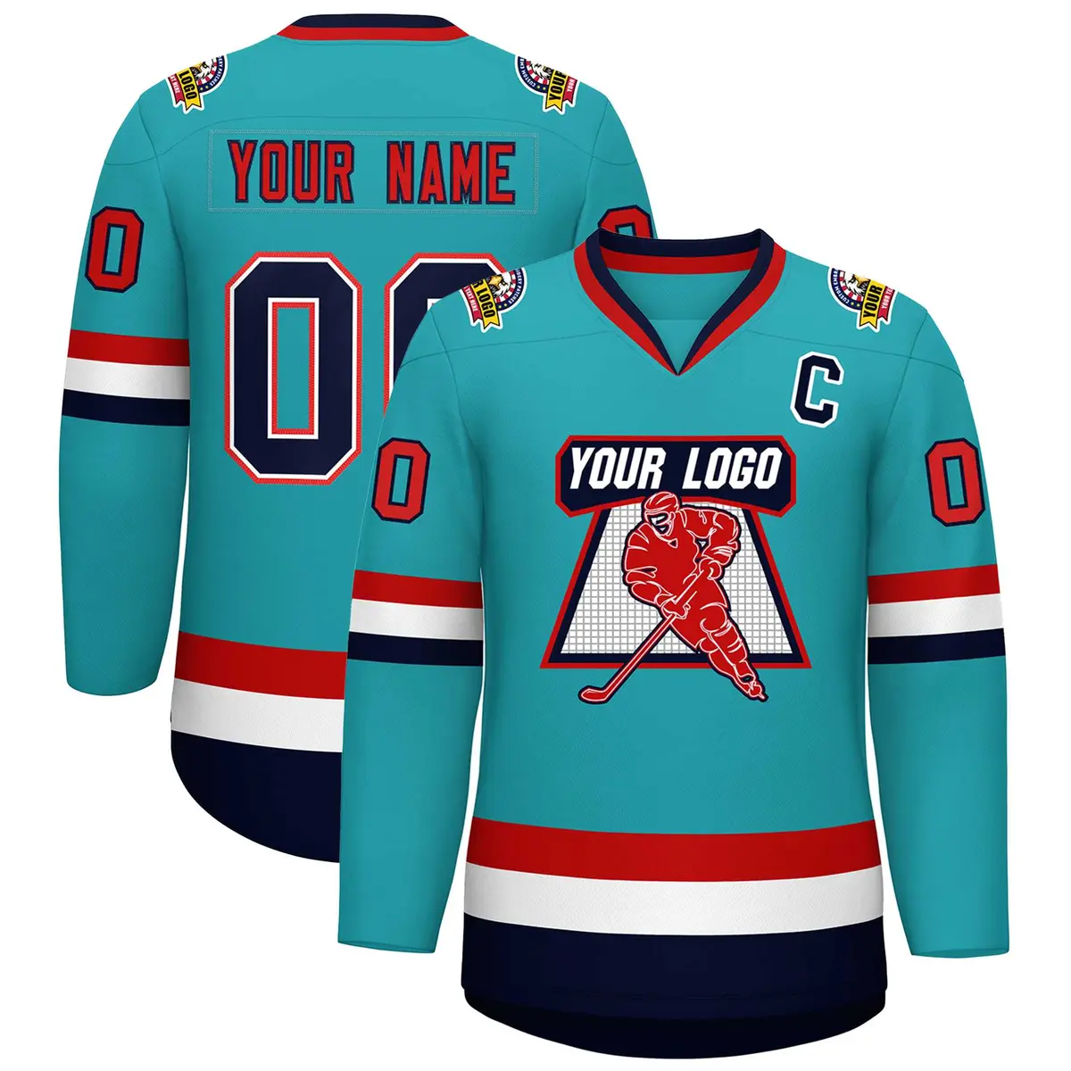 Classic Style Hockey Jersey in Aqua Navy White-Red