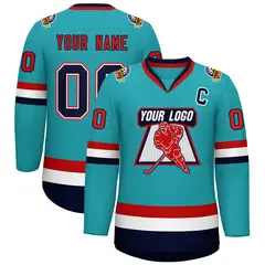 Classic Style Hockey Jersey in Aqua Navy White-Red 1
