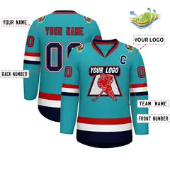 Classic Style Hockey Jersey in Aqua Navy White-Red 2