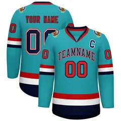 Classic Style Hockey Jersey in Aqua Navy White-Red 1