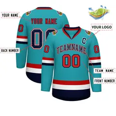 Classic Style Hockey Jersey in Aqua Navy White-Red 2