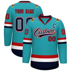 Classic Style Hockey Jersey in Aqua Navy White-Red 1