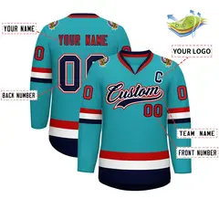 Classic Style Hockey Jersey in Aqua Navy White-Red 2
