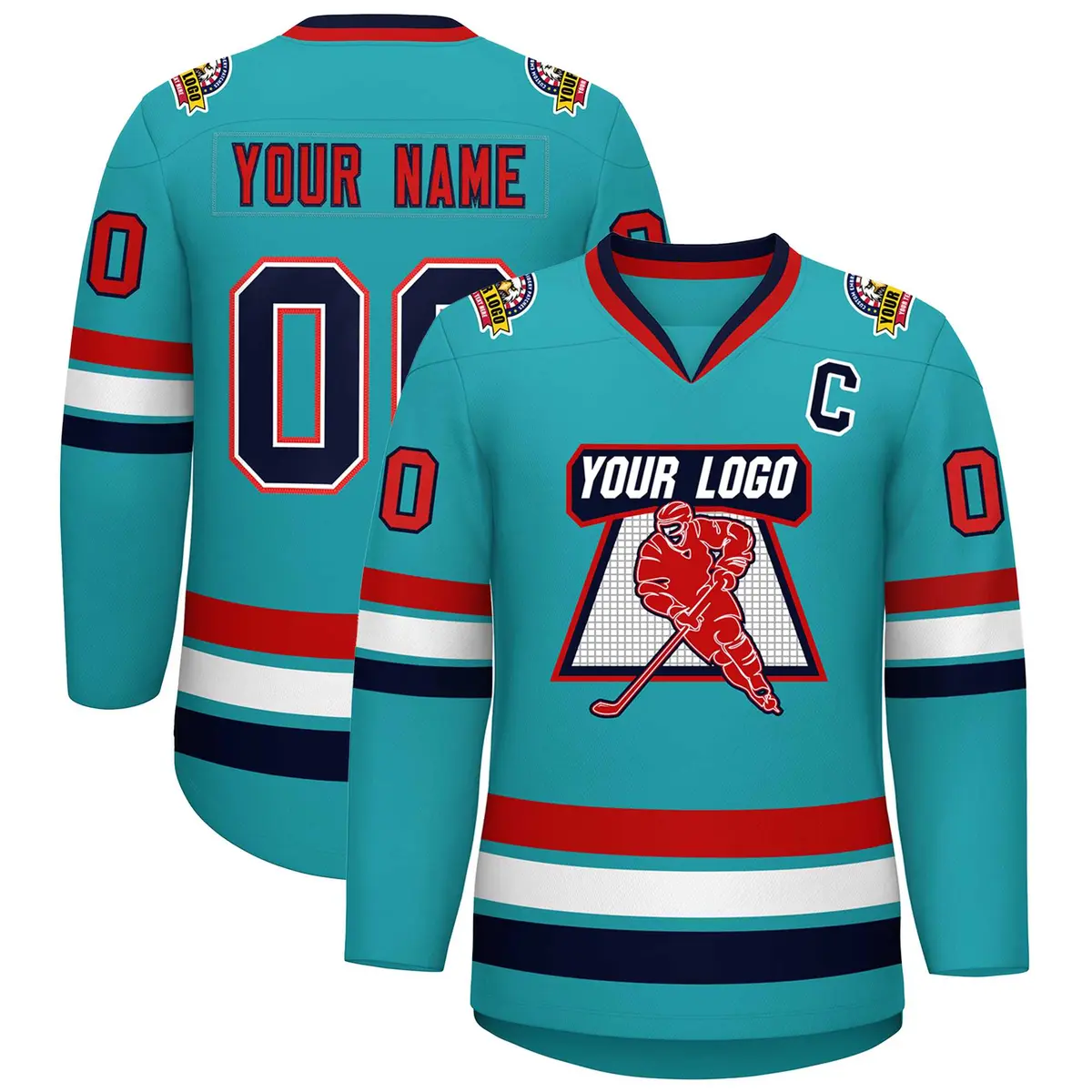 Classic Style Hockey Jersey in Aqua Navy White-Red