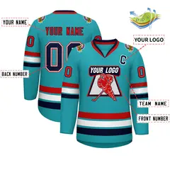 Classic Style Hockey Jersey in Aqua Navy White-Red 2