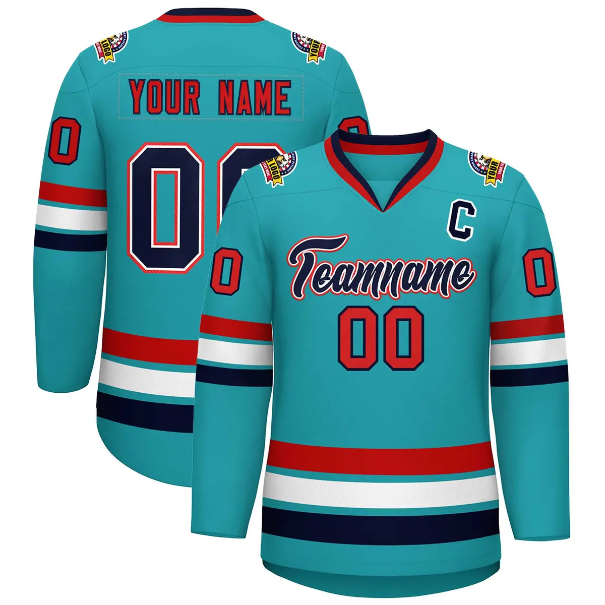 Classic Style Hockey Jersey in Aqua Navy White-Red