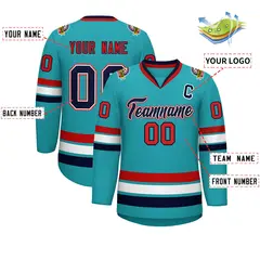 Classic Style Hockey Jersey in Aqua Navy White-Red 2