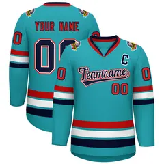 Classic Style Hockey Jersey in Aqua Navy White-Red 1