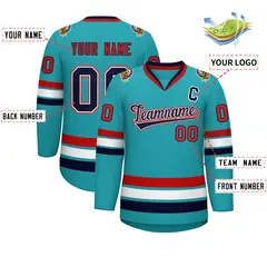 Classic Style Hockey Jersey in Aqua Navy White-Red 2