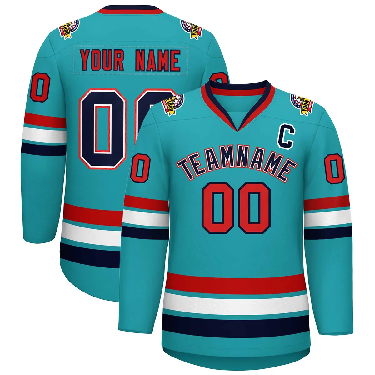 Classic Style Hockey Jersey in Aqua Navy White-Red