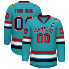 Classic Style Hockey Jersey in Aqua Navy White-Red 1