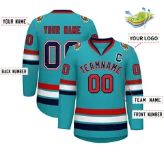 Classic Style Hockey Jersey in Aqua Navy White-Red 2