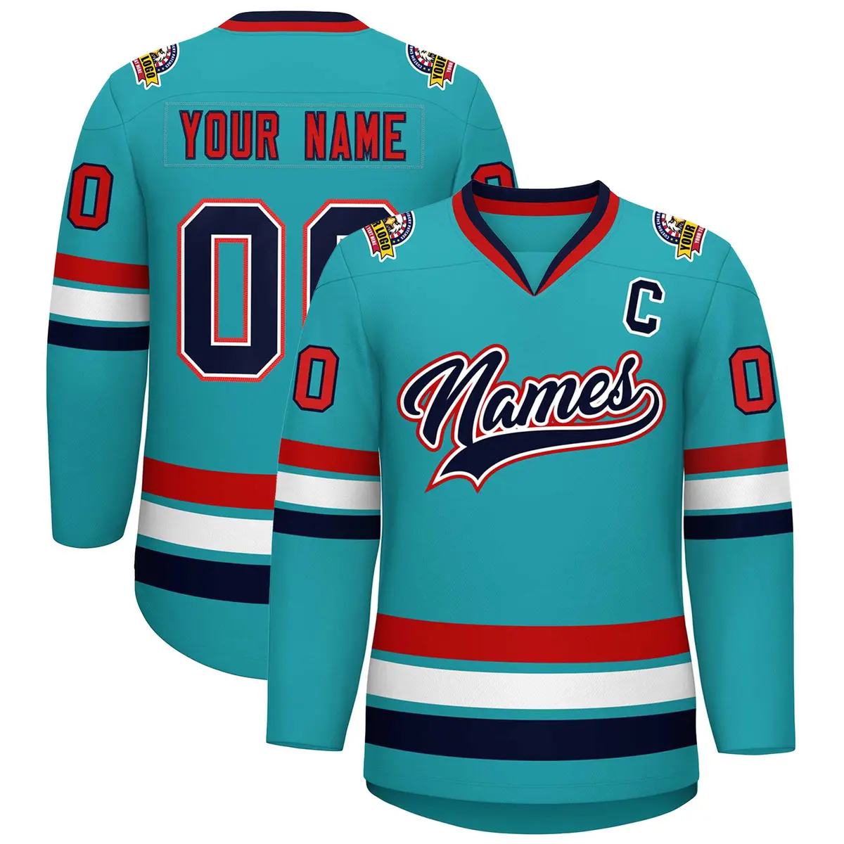 Classic Style Hockey Jersey in Aqua Navy White-Red