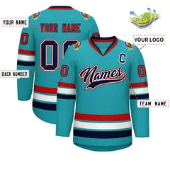 Classic Style Hockey Jersey in Aqua Navy White-Red 2