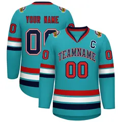 Classic Style Hockey Jersey in Aqua Navy White-Red 1