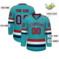 Classic Style Hockey Jersey in Aqua Navy White-Red 2