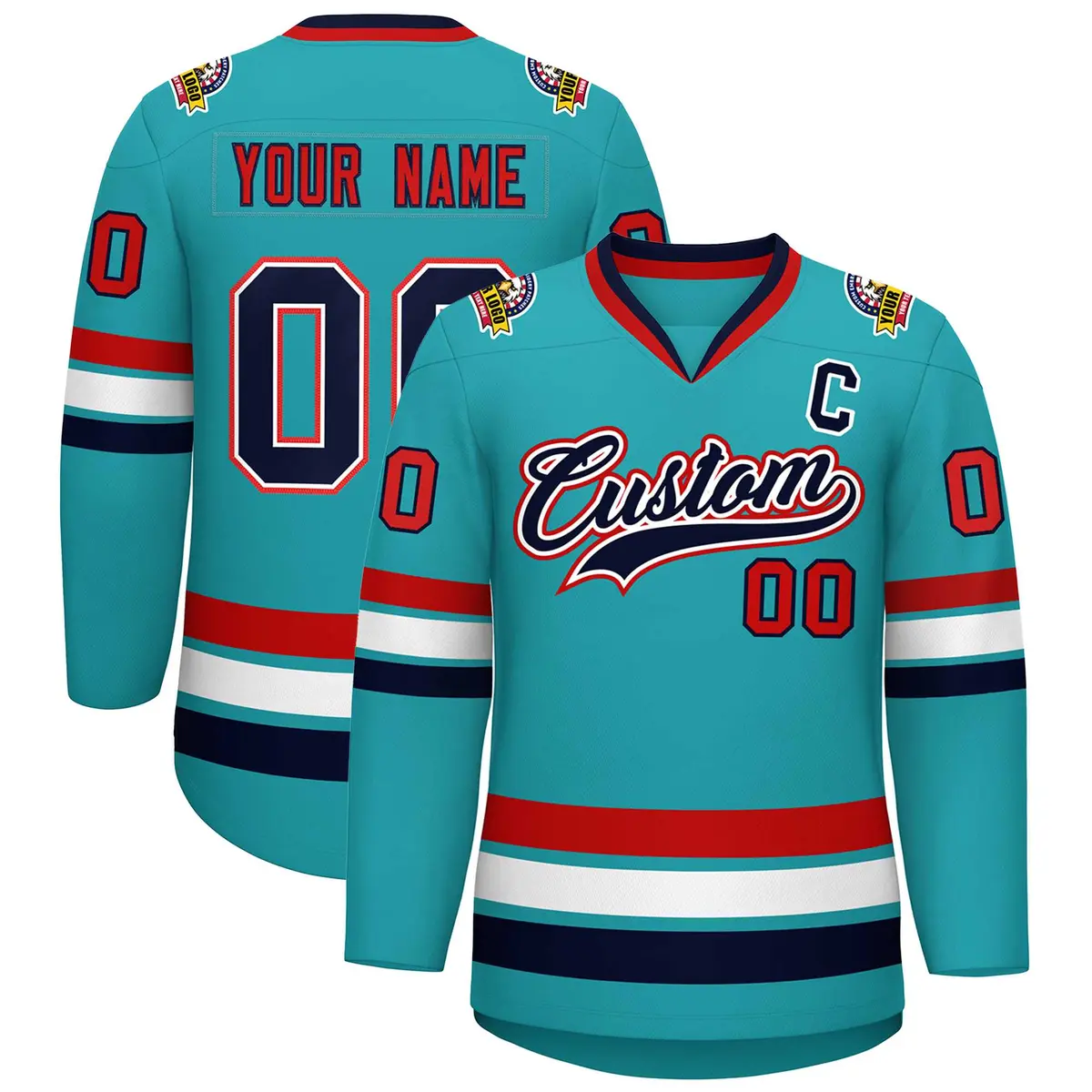 Classic Style Hockey Jersey in Aqua Navy White-Red
