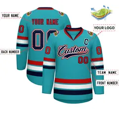 Classic Style Hockey Jersey in Aqua Navy White-Red 2