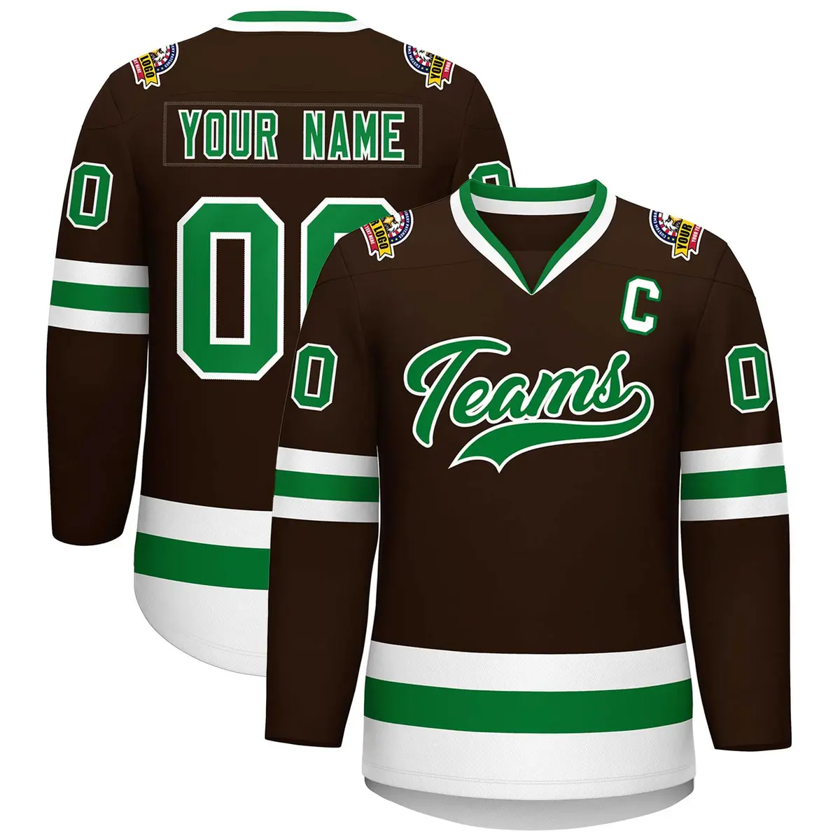 Classic Style Hockey Jersey in Brown Kelly Green-White