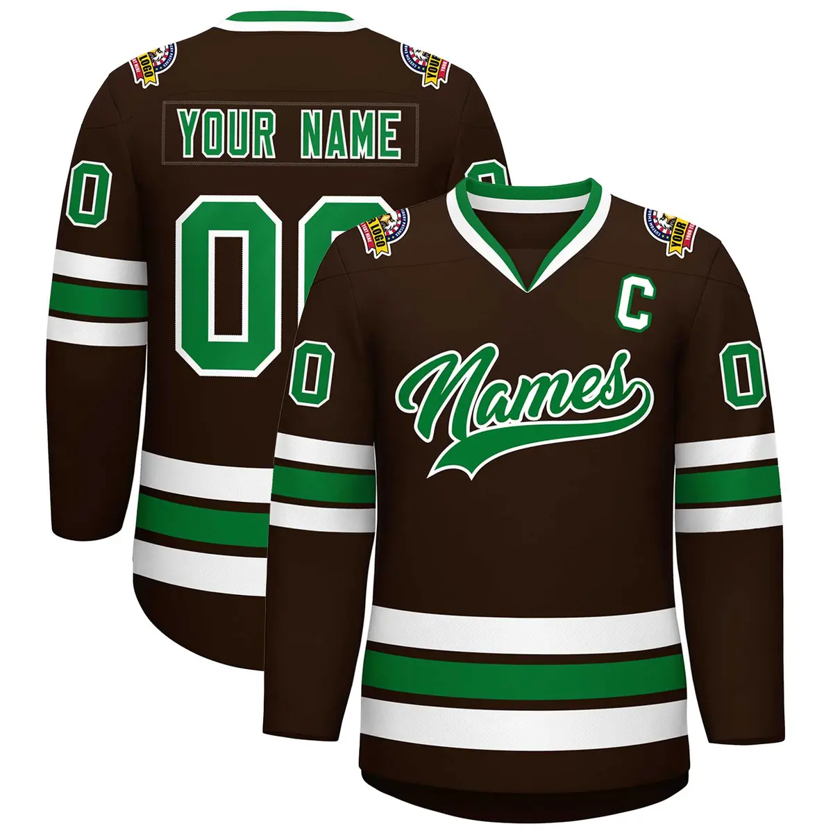 Classic Style Hockey Jersey in Brown Kelly Green-White