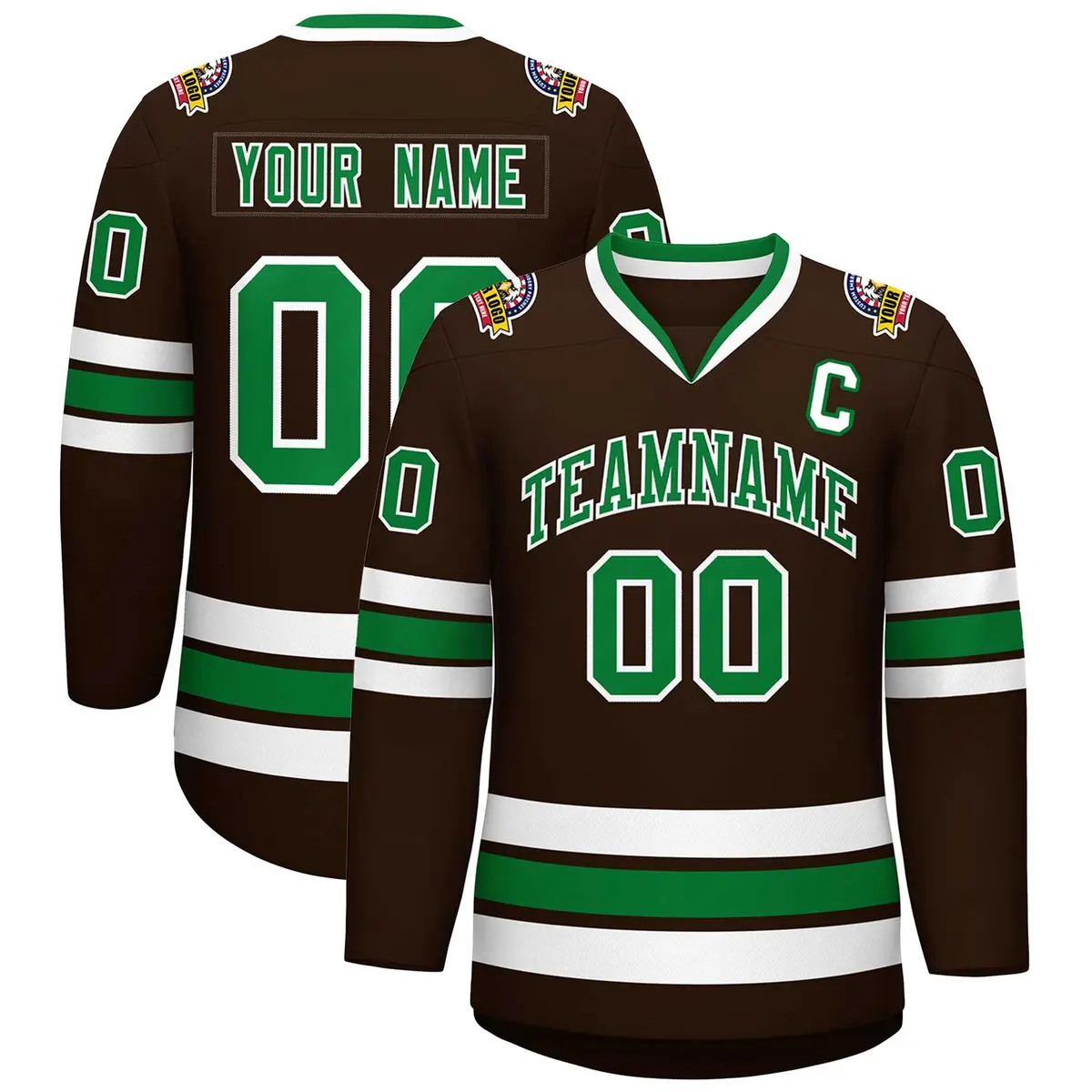 Classic Style Hockey Jersey in Brown Kelly Green-White