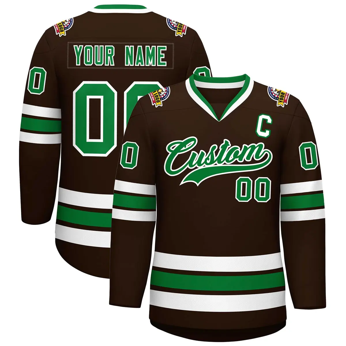 Classic Style Hockey Jersey in Brown Kelly Green-White