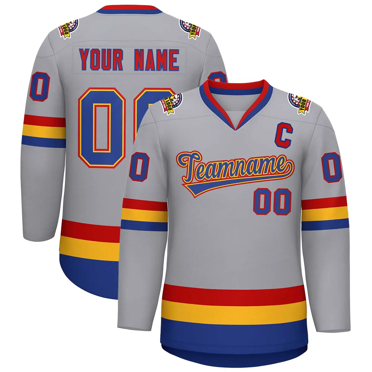 Classic Style Hockey Jersey in Gray Royal Gold-Red