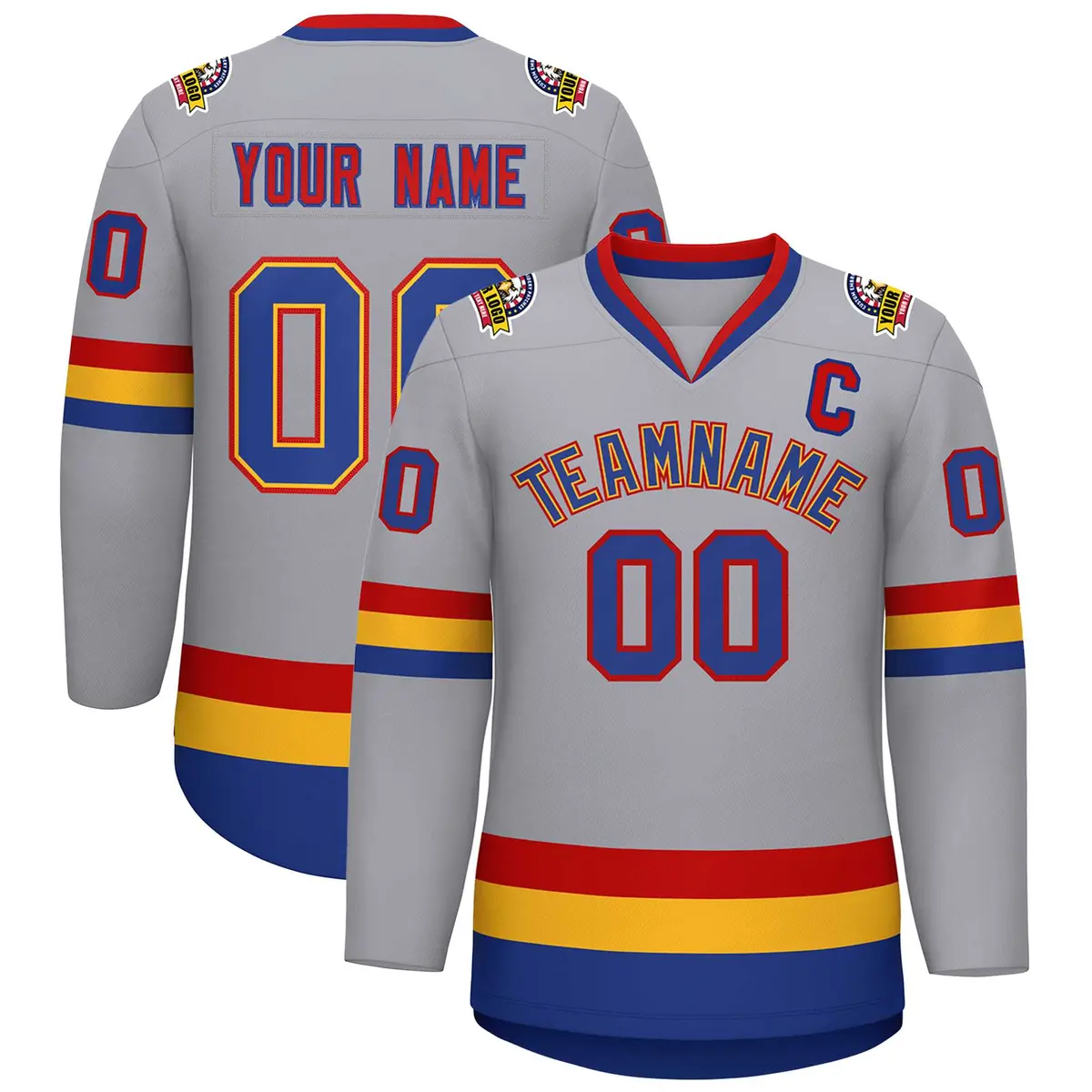 Classic Style Hockey Jersey in Gray Royal Gold-Red