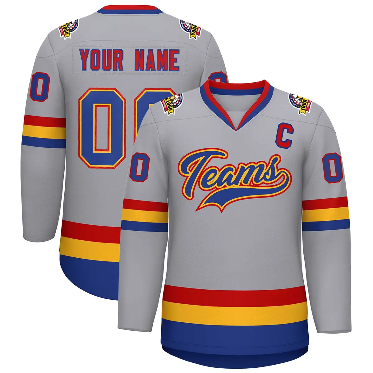 Classic Style Hockey Jersey in Gray Royal Gold-Red