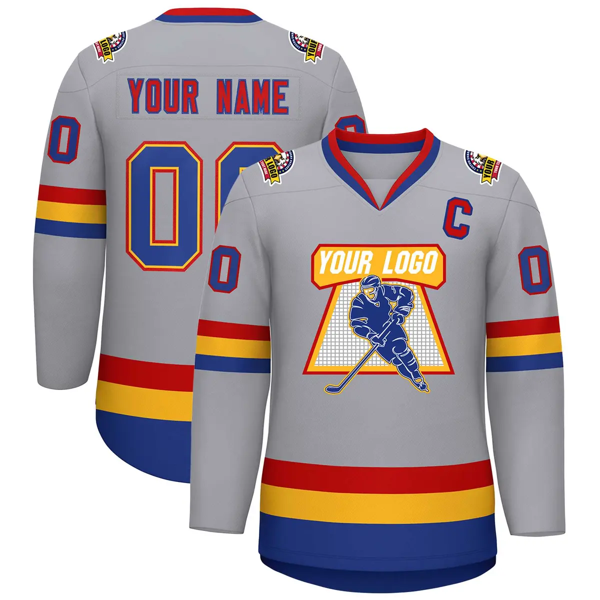 Classic Style Hockey Jersey in Gray Royal Gold-Red