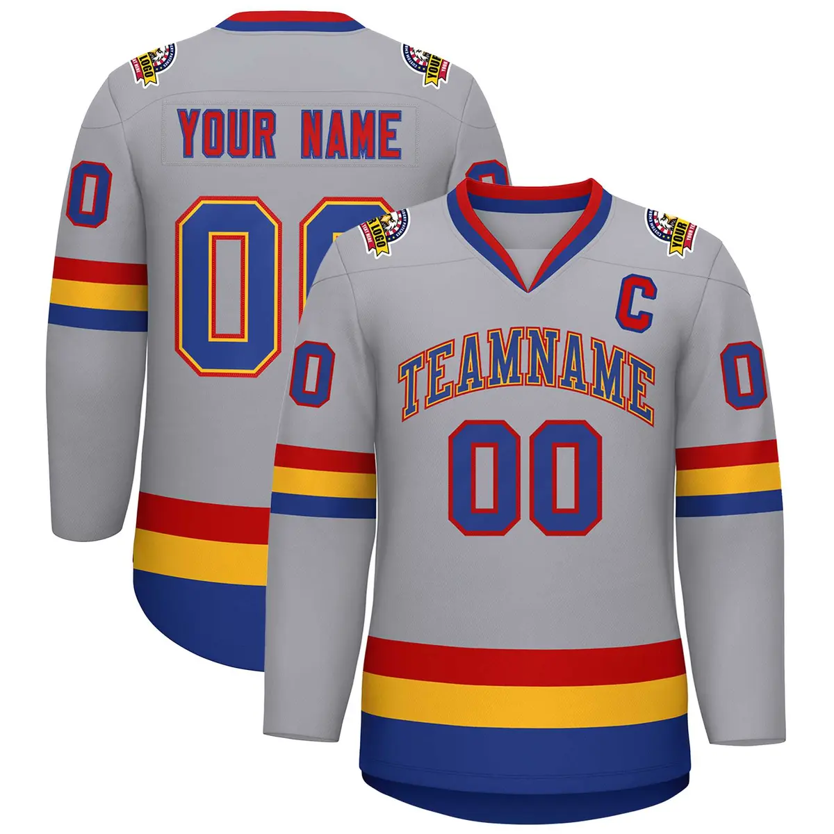Classic Style Hockey Jersey in Gray Royal Gold-Red
