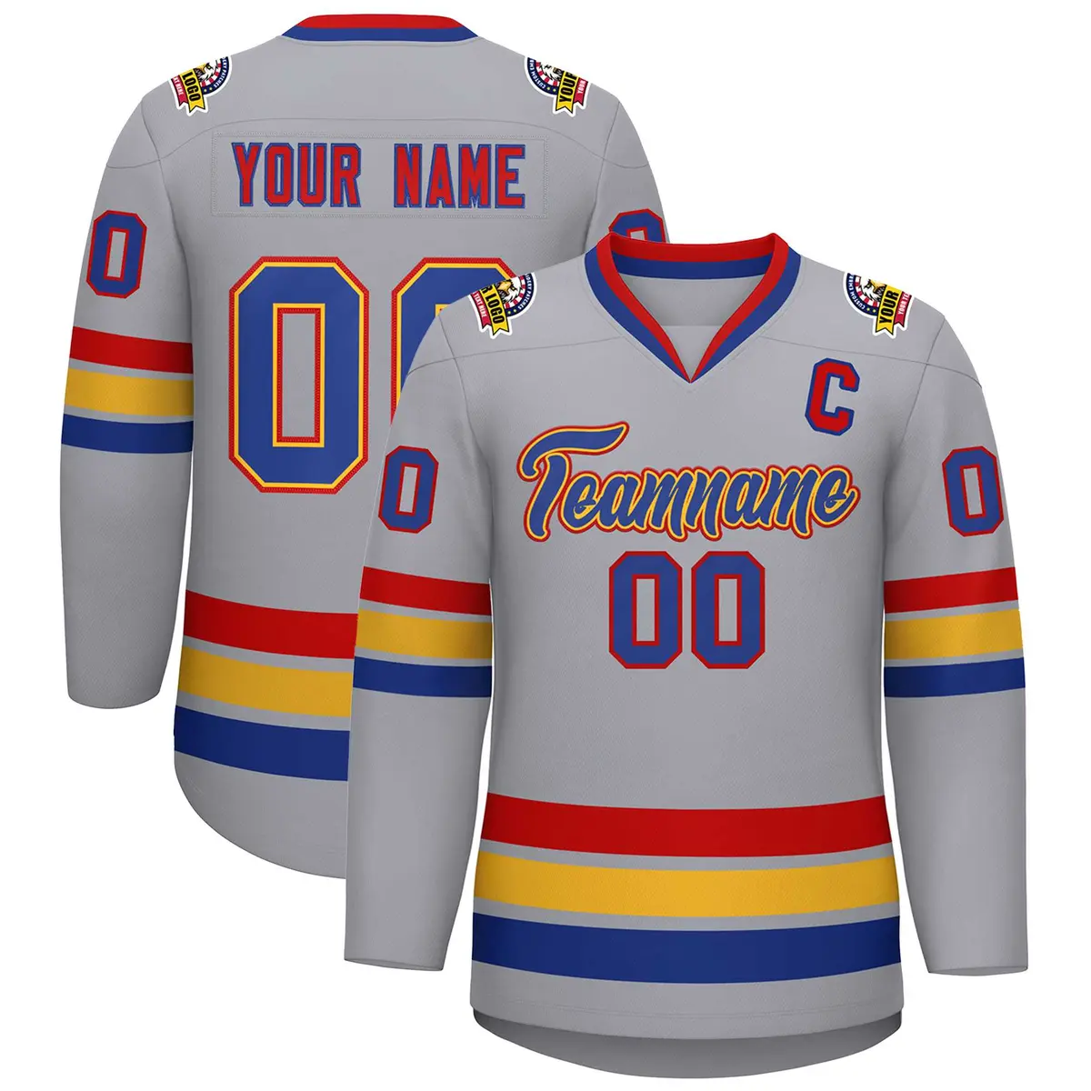 Classic Style Hockey Jersey in Gray Royal Gold-Red