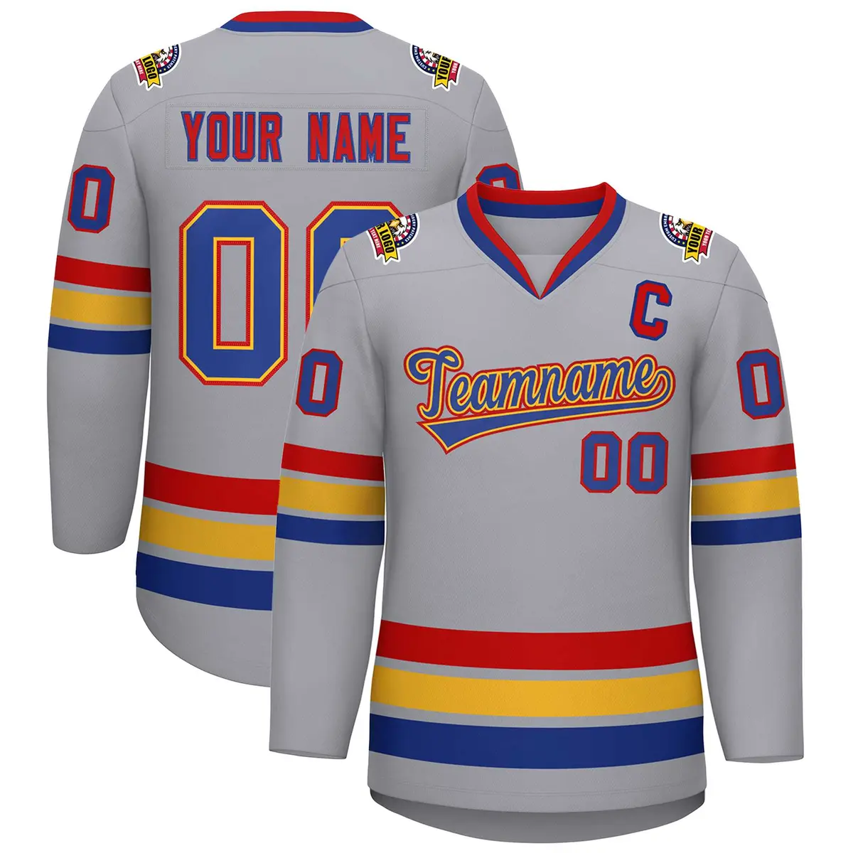 Classic Style Hockey Jersey in Gray Royal Gold-Red