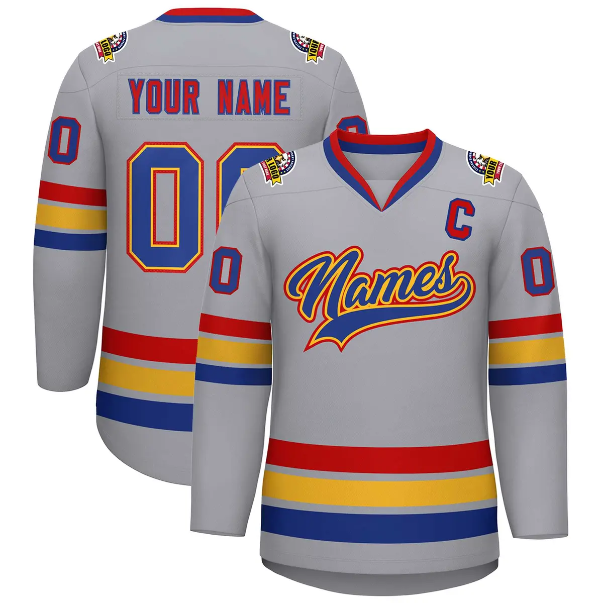 Classic Style Hockey Jersey in Gray Royal Gold-Red