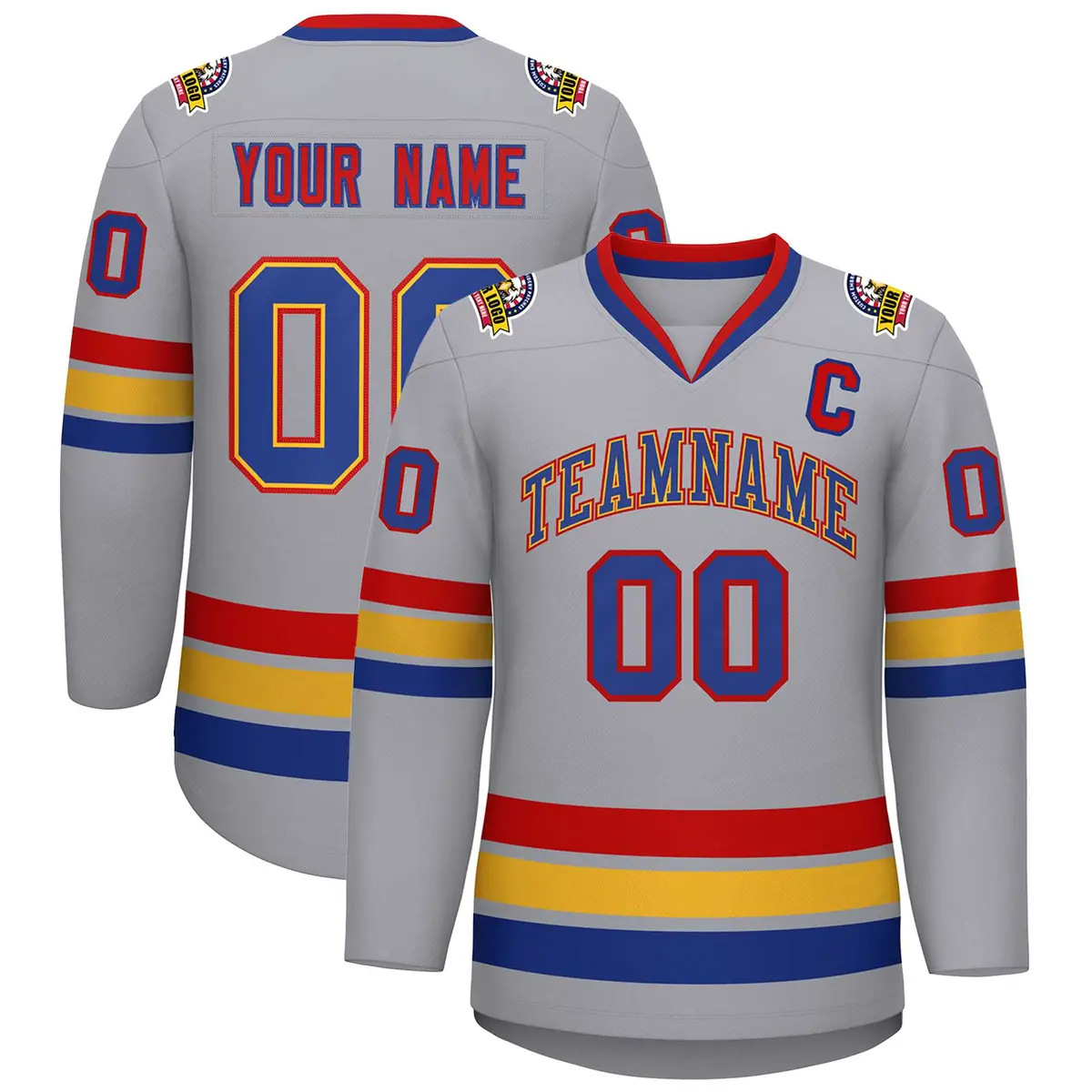 Classic Style Hockey Jersey in Gray Royal Gold-Red