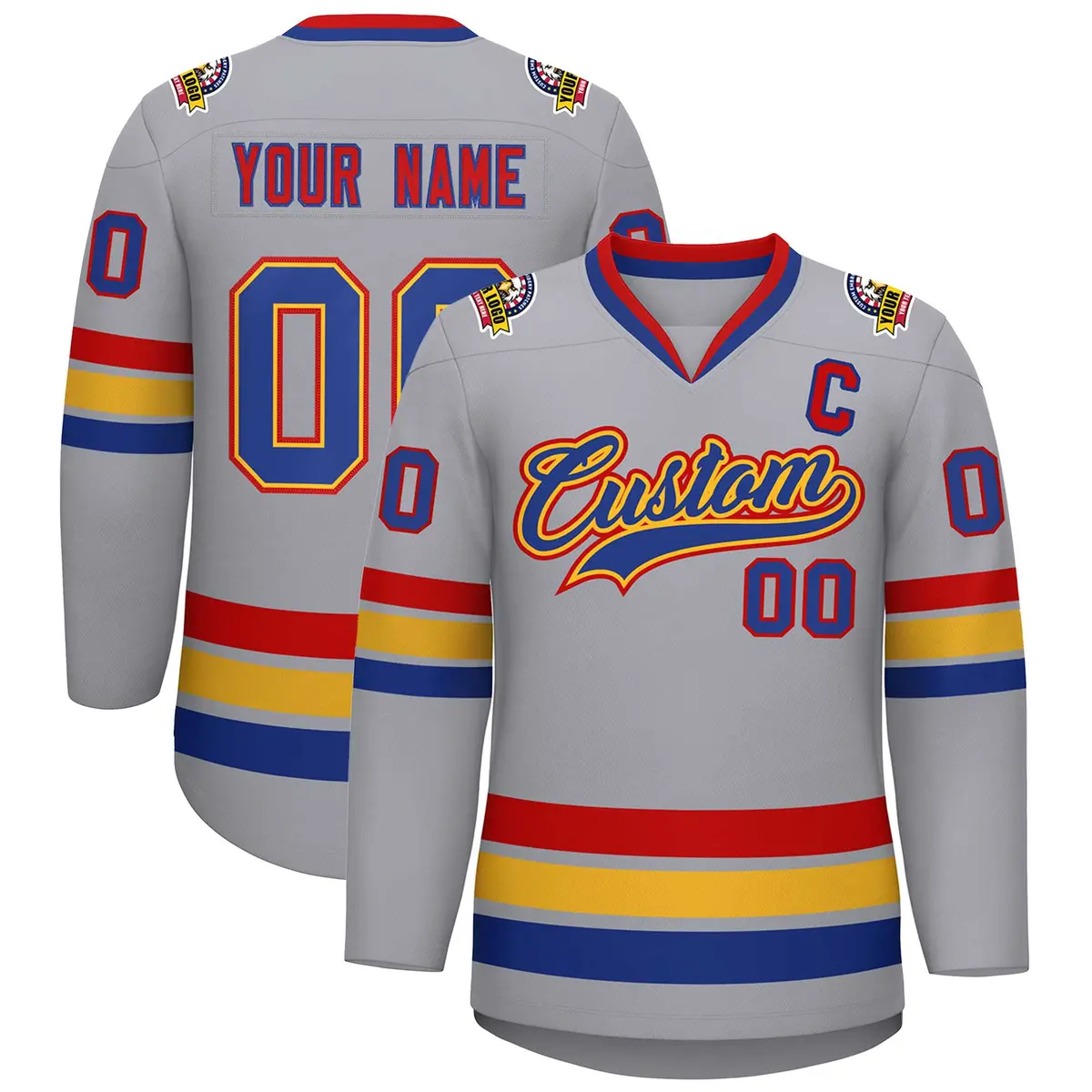 Classic Style Hockey Jersey in Gray Royal Gold-Red